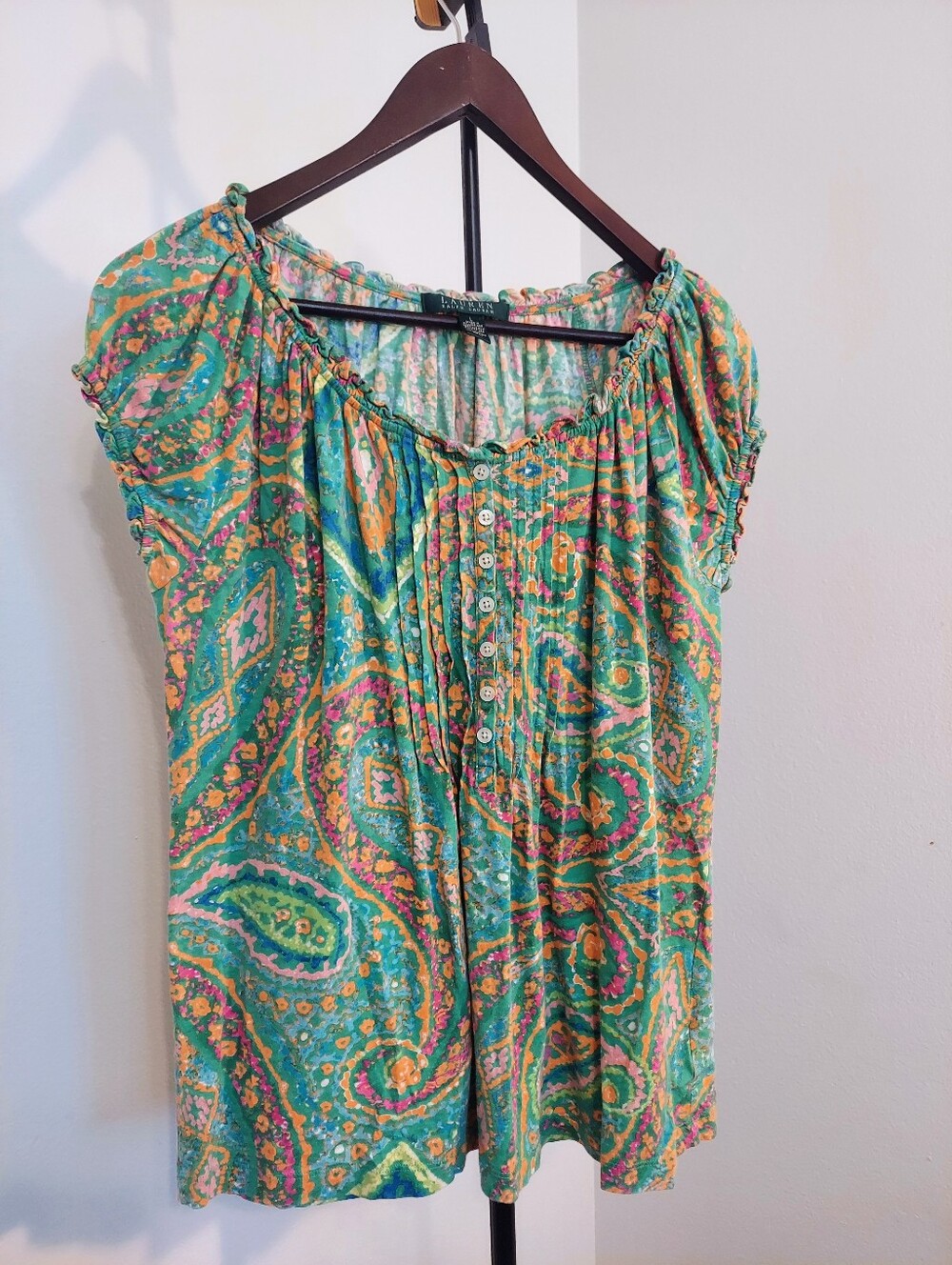 Ralph Lauren Women's Cotton Paisley Pattern Ruffled Cap Short Sleeve Top Size L